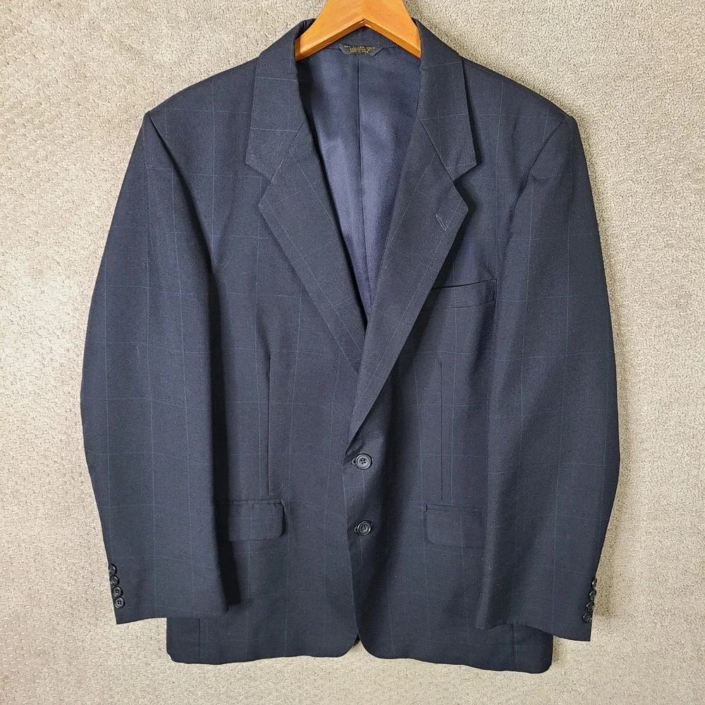 Vintage Farah Suit Mens 44L Blue Green Check‎ 2 Piece Wool Blend Pleated 36x28